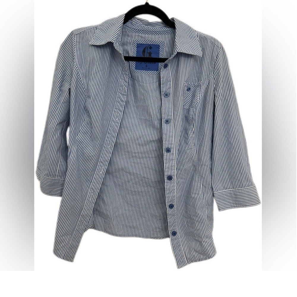 G by Guess Womens Blue White Striped 3/4 Sleeveโ Button Down Shirt Small